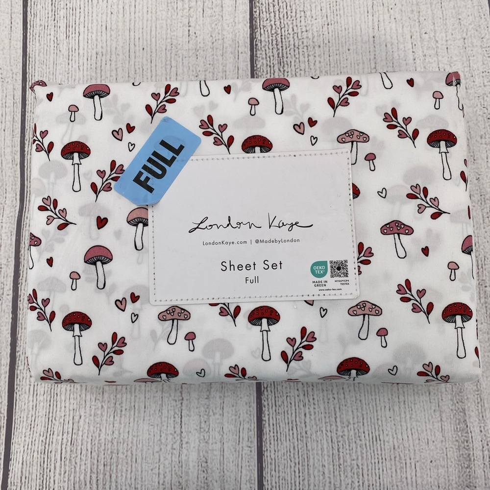 London Kaye Sheet Set FULL White Pink Red Hearts Mushrooms Cottagecore Whimsical